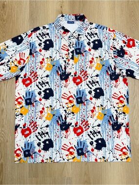 Hreski White Blue Red Paint Splatter Hand Prints Short Sleeve Golf Polo XL